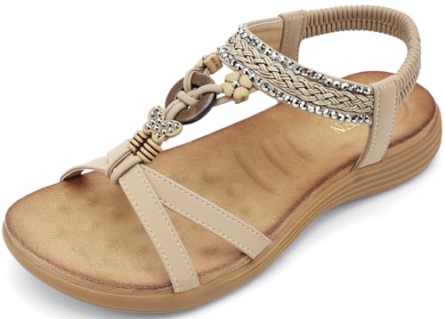 Image of UBFEN Womens Bohemian Flat Sandals With Back Strap Summer Beach Comfortable Bling