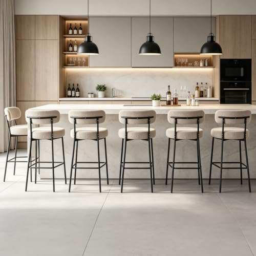 Image of Counter Height Bar Stools, Boucle Upholstered Bar Stools with Back and Footrest,30 Inch Counter Stools Metal Frame,Heavy Duty Modern Bar Chairs for Kitchen Island, Barstools Set of 6
