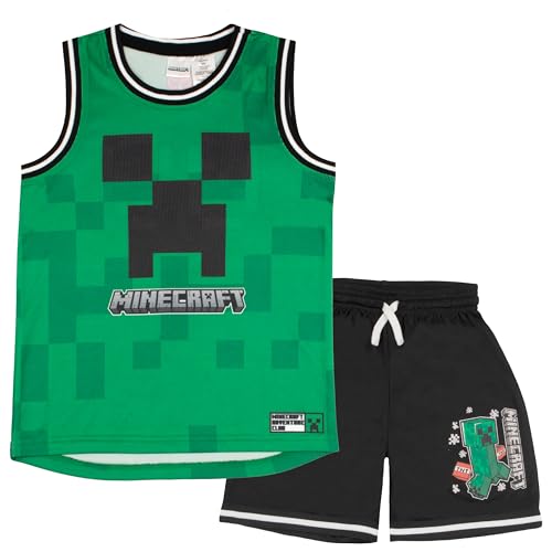 Minecraft Creeper Boys Basketball Sleeveless Shirt & Shorts 2-Piece Outfit Set for Kids (Size 7 Green/Black)