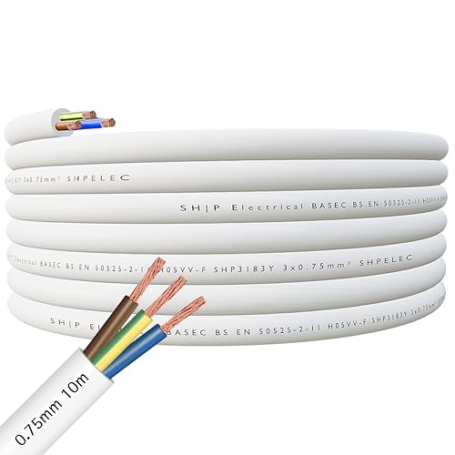 SHPELEC® Cable flexible blanco 3183Y 0,75 mm, 1,0 mm, 1,5 mm, 2,5 mm, PVC blanco aprobado por BASEC, iluminación LED de 5 m, 10 m, 15 m, 20 m, 50 m (0,75 mm, 3 núcleos - 10 metros)
