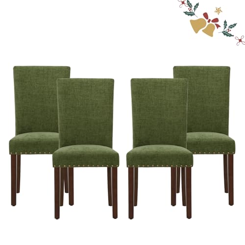 Image of Parsons Dining Chairs Set of 4, Upholstered Nailhead Dining Room Kitchen Side Chair with Thick Cushions and Wood Legs, Green