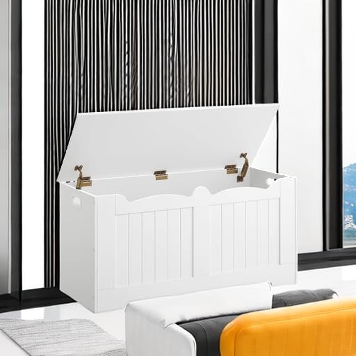 Miniatura 5 de Baúl de almacenamiento de 39.4 pulgadas, baúl de almacenamiento con 2 bisagras, caja de madera, organizador de pecho elevador, banco de zapatos para