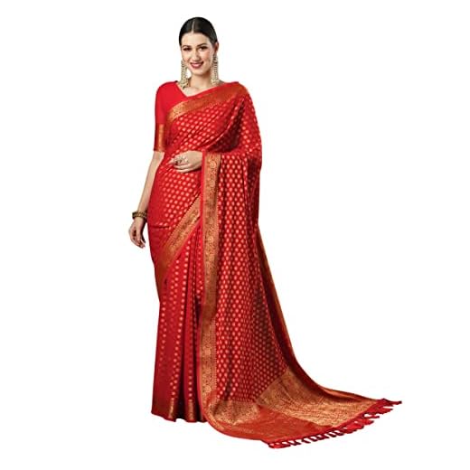 AKHILAM Women's Woven Design Georgette Kanjeevaram Saree With Unstitched Blouse Piece (Red_2ALEKHA2001)