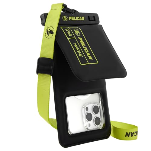 Image of Pelican Marine Waterproof Phone Pouch w /Storage Pocket -Black /Hi-Vis Yellow | Large Touchscreen IP68 Floating Waterproof Phone Case w /Detachable Lanyard - Fits All Phones - Beach Cruise Travel Essentials