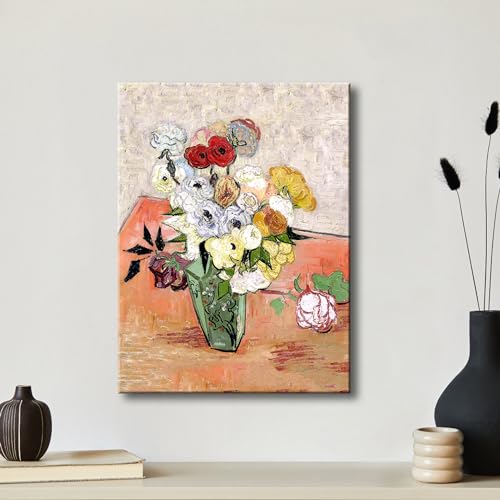 Image of Pyradecor Abstract Flowers Canvas Prints Japanese Vase with Roses and Anemones by Vincent Van Gogh Oil Paintings Reproduction Artwork for Home Office Bedroom Decorations