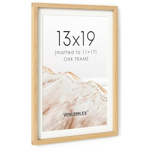 Image of 13x19 Picture Frame, USA-Sourced Natural Oak Wood Photo Collage Frame with HD Tempered Glass, Modern Simple 13x19 Wooden Frame Matted to 11x17, Vertical & Horizontal Wall Hanging Display