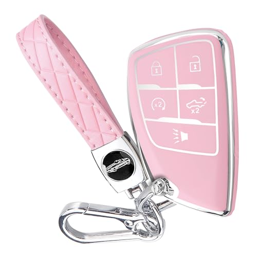 Key Fob Cover for Chevy GMC with Keychain Silverado Sierra Tahoe Suburban Equinox Traverse Yukon Denali Terrain Buick Envision Premium Soft TPU Case (5 Buttons Pink)