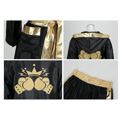 Colorful House Men'S Satin Black Boxing Robes Adult Hooded Boxing Costume With Shorts Set thumb #2