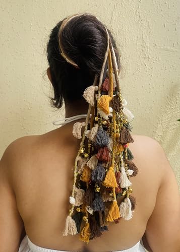 Image of Zippy Flora Boho Handmade Colorful Hair Strings for Navratri | Ethnic Bohemian Hair Accessories for Women & Girls | Multicolor Braided Hairband, Thread Hair Extensions for Festive Styling (Phuljhadi String, Multi Nude Colors)