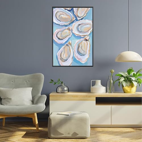 Image of Pastel Blue Oyster Shell Poster Abstract Coastal Shell Canvas Wall Art Funky Colorful Summer Beachy Picture Prints Painting For Home Living Room Kitchen Restaurant Wall Decor 8x12in Framed