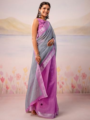 Image of Satrani Women's Linen Printed Ready To Wear Saree with Unstitched Blouse Piece
