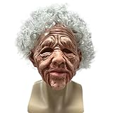 Kuberas Old Woman Mask Realistic Scary Granny Old Lady Creepy Human with Wrinkled Wig Full Head Latex Mask Halloween Cosplay Masquerade Prank Costume Props for Adults