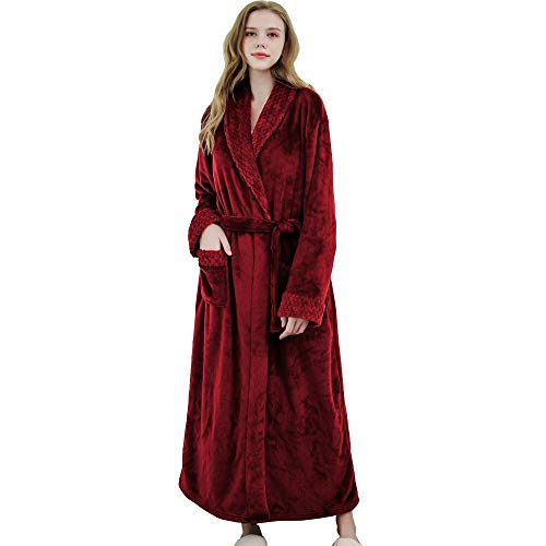 Womens Long Fleece Bathrobe Shawl Collar Soft Plush Spa Robe Sleep Gown Wine Red