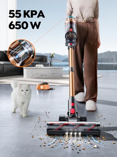 Image of Cordless Vacuum Cleaner, 55KPA 650W 70Mins Stick Vacuum Cleaners for Home with Motorized Bed Brush, Flexible Hose, LED Touchscreen, Auto Mode, Self-Standing & Wall Mount, for Pet Hair Carpet Floor