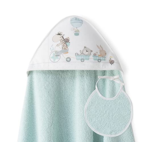 Interbaby - Capa de Baño Bebe Verde + Babero | Toalla Bebe con Capucha 100% Algodón, 100x100cm, Unisex | Suave, Cómoda, Ideal Recién Nacidos, Bebes y Niños Pequeños | Diseño Jirafa Bicicleta