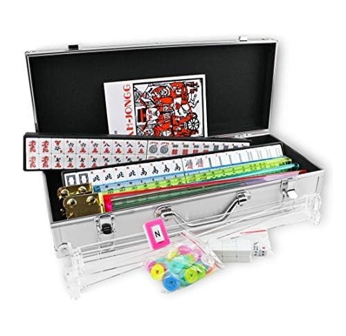 USA MJ TABLE .COM Complete American Mahjong Set, 166 White Tiles, 4 Color Pushers/Racks, Chips, Wind Indicator Aluminum Case + Clear Pusher
