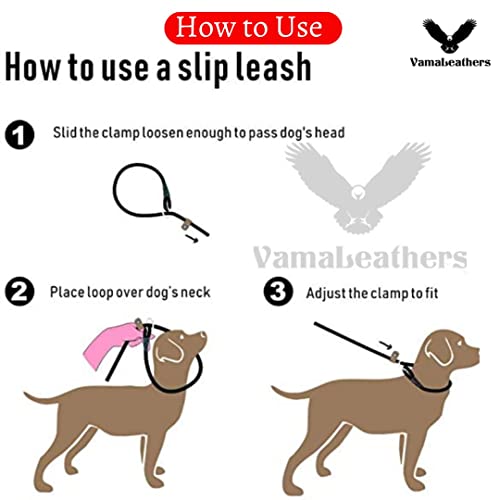 Vama Leathers Dogs British Style Training Leash Slip Leash Adjustable LengthIStrong & Durable Training Show LeashISoft Nylon RopeILeather TrimsIMade In IndiaI5 Feet X 1 CmIBlack