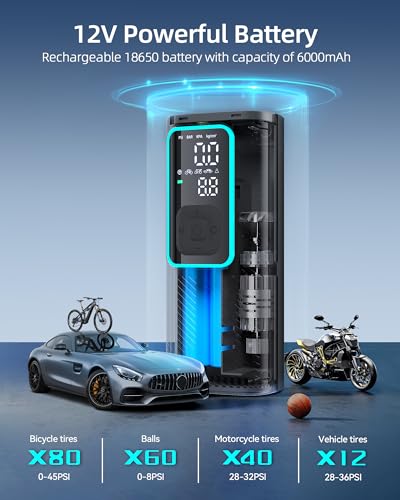 Image of Tire Inflator Portable Air Compressor, 150 PSI Mini Car Air Pump with 6000mAh Battery,12V DC, Pressure Gauge, Cordless Tire Inflator Rechargeable with Display & LED for Car, Motocycle, Bikes, Balls