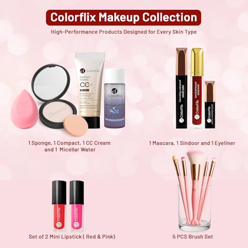 Image of ColorFlix Navrang Beauty Set - Complete 12-in-1 All-in-One Makeup Kit for Women & Girls, Includes CC Cream, Lipsticks, Mascara, Eyeliner, Beauty Blender, Brushes, Micellar Water & Travel Pouch, Full Face Makeup Combo Gift Set