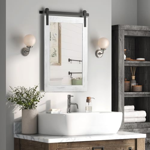 Image of COGOOD Farmhouse Barn Door Mirror - 26 inch X 17 inch Rustic Wood Framed Wall Mirror for Bathroom, Living Room, Entryway Wall Decorative (White)