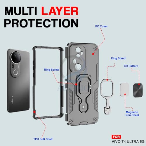 Image of AESTMO Armor Back Cover for Vivo T4 Ultra 5G | Ring Holder & Kickstand & Camera Protection in-Built | 360 Degree Protection Back Case Cover (Black)