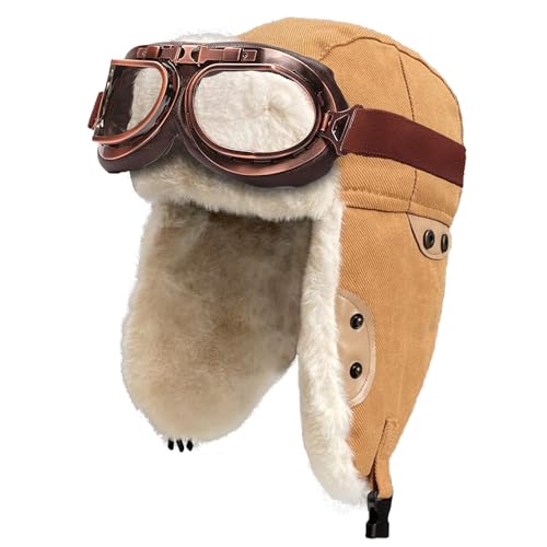 Peicees Aviator Hat and Goggles for Adult Costume Accessories Pilot Cap Vintage Goggles Trapper Hat with Fur Ear Flaps