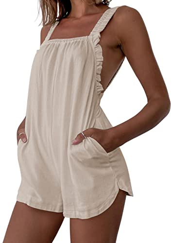 Apafes Women's Sexy Cotton Backless Short Overalls Loose Fit Strap Ruffled Rompers Playsuit(0250-Apricot-Xl-Ng) #TOP28