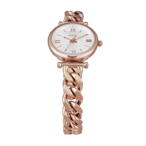 Fossil Carlie Uhr f&uuml;r Damen, Quarzwerk mit Edelstahl- oder Lederarmband Roségoldton und Wei&szlig;