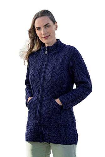 Aran Crafts Women's Soft Irish Sweater Knitted Cable Coat, 100% Merino Wool, Authentic & Traditional, Fisherman Sweater-Style Knit, Made In Ireland, X5070-Med-Midn #TOP10