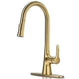 FROPO Brushed Gold Kitchen Faucet, Single Handle Gold Kitchen Sink Faucet with Pull Down Sprayer Modern Stainless Steel Brass Kitchen Faucet with Deck Plate Power Clean Spray Head 1 or 3 Hole