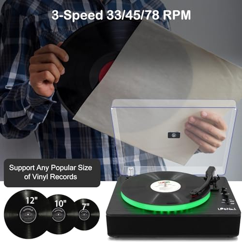LP&No.1 Record Player with Built-in Stereo Speakers, LED Control, 3-Speed Belt-Drive Vinyl Turntable with USB Playback & Recording, Wireless Input & Output, Auto Stop, Pitch Control | Black - Thumbnail 2