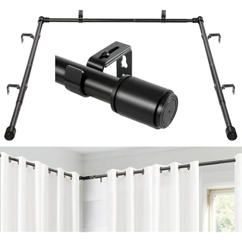 Anndason 1 Inch Bay Window Curtain Rods Corner Curtain Rods Set 30-76 Inch Center Rod for Windows 16-40 Inch Side Rods,Curtain Rods Set (Black) Cover