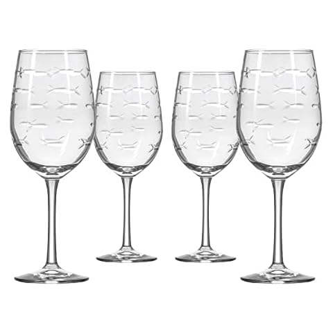 Rolf Glass School of Fish White Wine Glass 12 ounce - Stemmed Wine Glass Set of 4 – Lead-Free Glass - Diamond Wheel Etched Wine Glasses - Designed and Engraved in the USA Cover