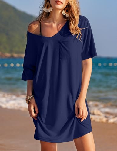 Image of Ekouaer Womens Tshirt Nightgown Cotton V Neck Sleepshirts Comfy Casual Nightshirt for Women