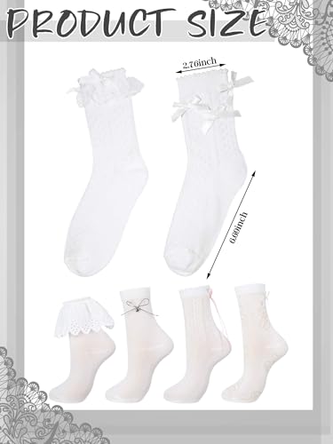 6 Pairs Women's Ruffle Ankle Socks White Cotton Lace Frilly Socks with Bow for Princess Lolita Ladies Women3