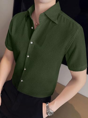 Image of GRECIILOOKS Shirt for Men | Mens Casual Shirt | Men Stylish Shirt | Men Waffle Shirt | Men's Regular Fit | Men Formal Shirt | Short Sleeve Shirt for Summer Outdoor Activities |Textured Shirts for Men