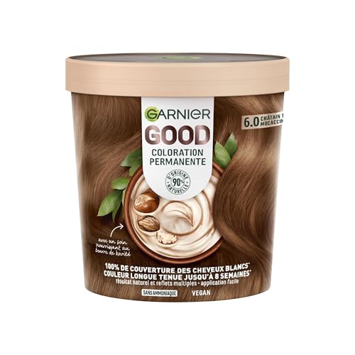 Garnier - Colorazione permanente - Senza ammoniaca - 90% di ingredienti di origine naturale - Burro di karité - 100% copertura per capelli bianchi - GOOD castano molto chiaro Mocaccino 6.0