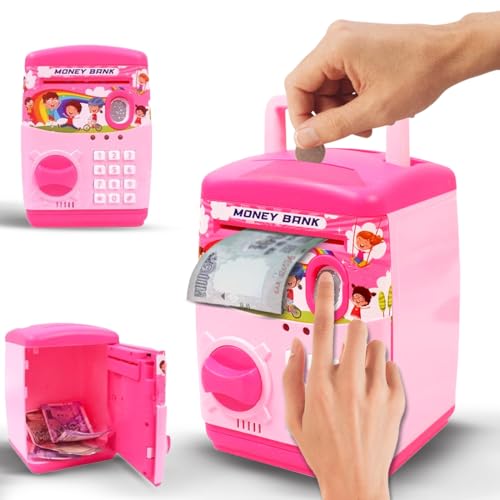 Image of Wembley Finger Print Sensor ATM Piggy Bank for Kids Girl Boys Gullak for Money Bank with Password & Music Auto Scroll Money Saving Box with Coin Cash Slot Gifts for Kids - Pink