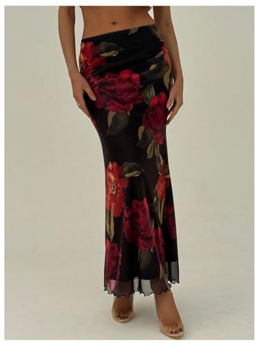 Women's Floral Mesh Bodycon Maxi Skirts Lettuce Trim Going Out Skinny Skirt4