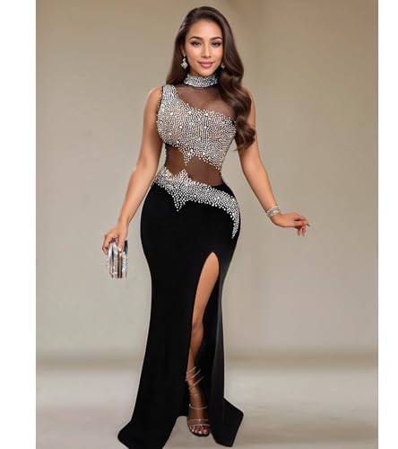 Image of Jigfar Women Sexy Elegant Rhinestone Mesh See Through Split Party Night Maxi Dress(FK3578,Black,3XL)