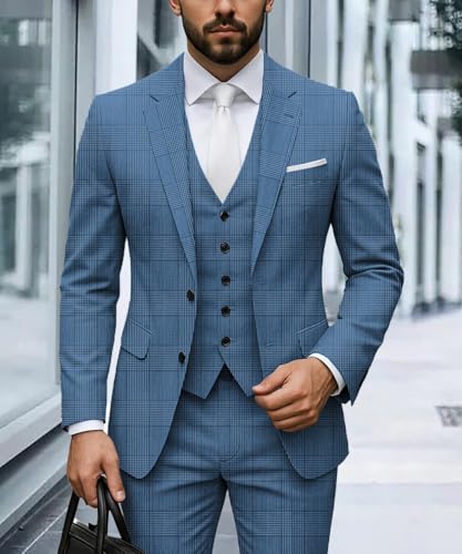 MoranX Classic Men's Suits Regular Fit 3 Piece Wool Plaid Tuxedos Business Blazer+Vest+Pants Formal Wedding Party2