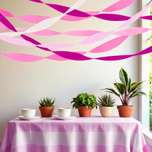Image of PheiLa Crepe Paper Streamers 6 Rolls 492ft, Crepe Paper Romantic Decorations Pink and White Party Supplies for Valentines Day Girls Birthday Party Decor, 1.77 Inch x 82 Ft /Roll