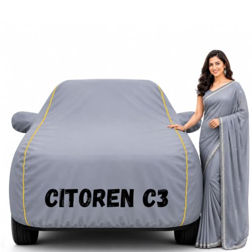 Image of Waterproof Car Body Cover for C3 All Weather Protection Comes with Inner Cotton Lining & Triple Stitched with Mirror & Antenna Pocket Belt & Elastic Fit Grey with Yellow Piping2