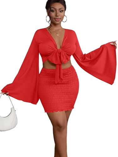Image of LYANER Women 2 Piece Vacation Outfits Tie Knot Front Bell Long Sleeve Crop Top and Mini Skirt Summer Set