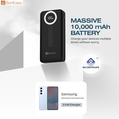 Image of BonKaso 10000mAh Power Bank 22.5W PD Fast Charging with Built-in 2-in-1 Type C & Lightning Cable, Digital Display, Dual USB Output, Compact Portable Charger for Android, iPhone, Tablets - Black