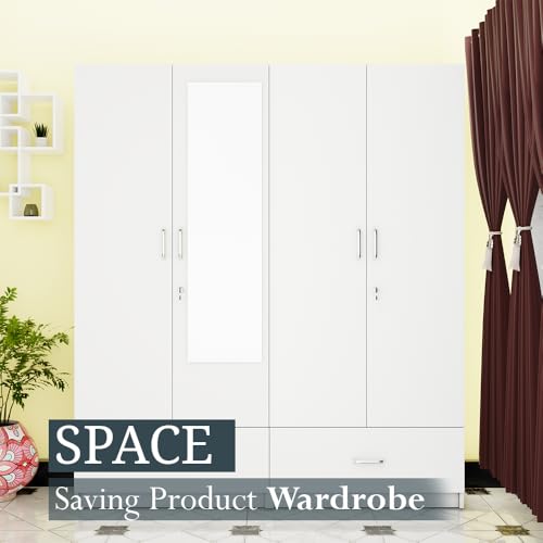 Image of VIKI Wardrobe | Wooden Almirah for 4 Door Wardrobe with 2 Split Drawer & Hanging Space with Mirror (Frosty White - 40D x 160W x 180.8H) | 1 Year Warranty | Free Assembly