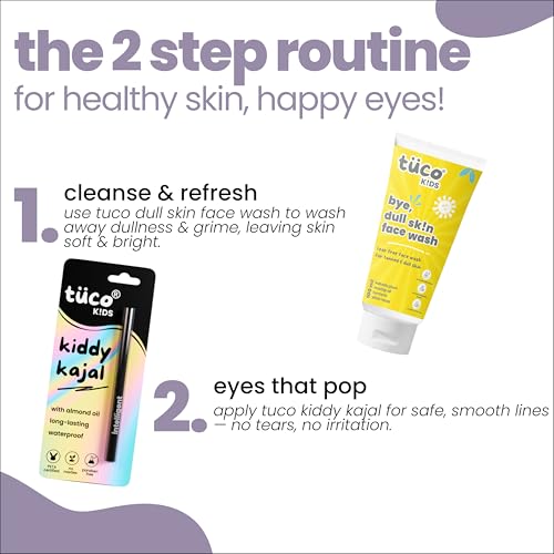 Image of Tuco Kids Face Wash and Kiddy Kajal | Combo Pack of 2 | Brightens Dull Skin | Turmeric & Kakadu Plum | pH Balanced Tear-Free | Ages 2-5, 4-10, 10-15, 5-10 Years | Paraben & Sulphate Free