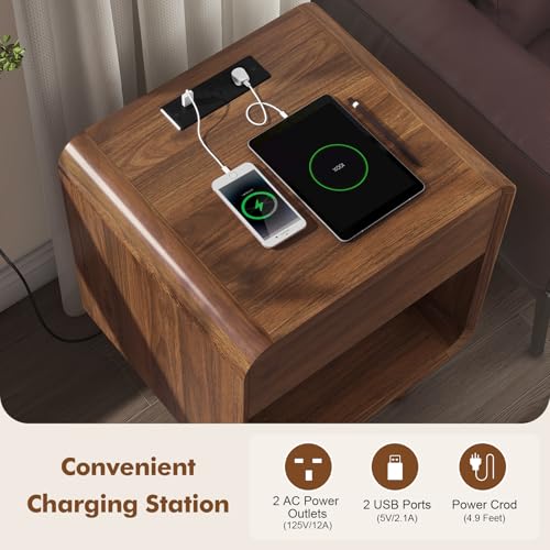 Image of Nasonet Mid Century Modern Small Nightstands Set of 2 with Charging Station, Curved Nightstand with Drawer Wood End Table Bedside Table for Bedroom, Walnut