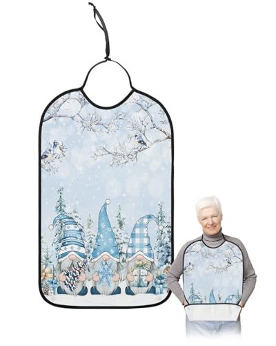 Gnomes Blue Adult Bib for Adults Men, Women, Washable & Adjustable Terry Cloth Bib with Crumb Catcher Reusable Waterproof Clothing Clothes Protector Apron Christmas Forest Winter Tree Branch