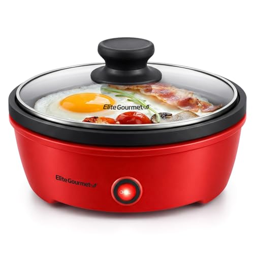 Elite Gourmet EGL-6101 Personal Stir Fry Griddle Pan, Rapid Heat Up, 650 Watts Non-stick Electric Skillet with Tempered Glass Lid, Red